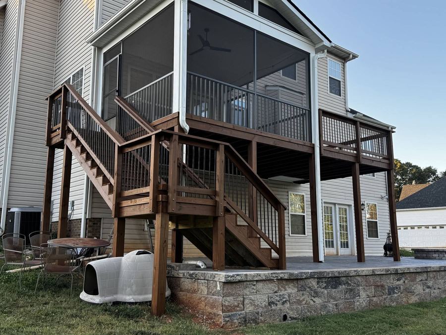 Stained elevated deck and stairs on a two-story home in Upstate South Carolina